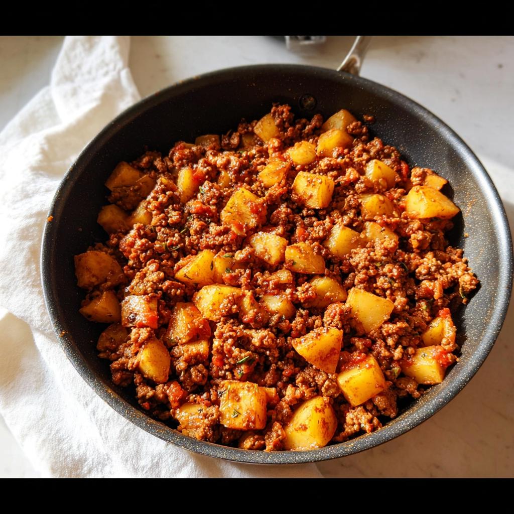 Close-up of Ground Turkey with Potatoes cooked together in a dark skillet.