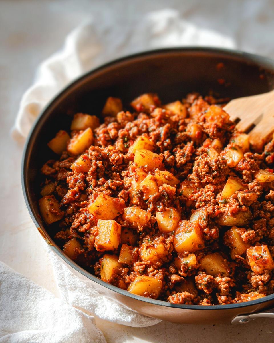 Close-up of a skillet filled with seasoned Ground Turkey with Potatoes, featuring browned meat and diced, cooked potatoes.