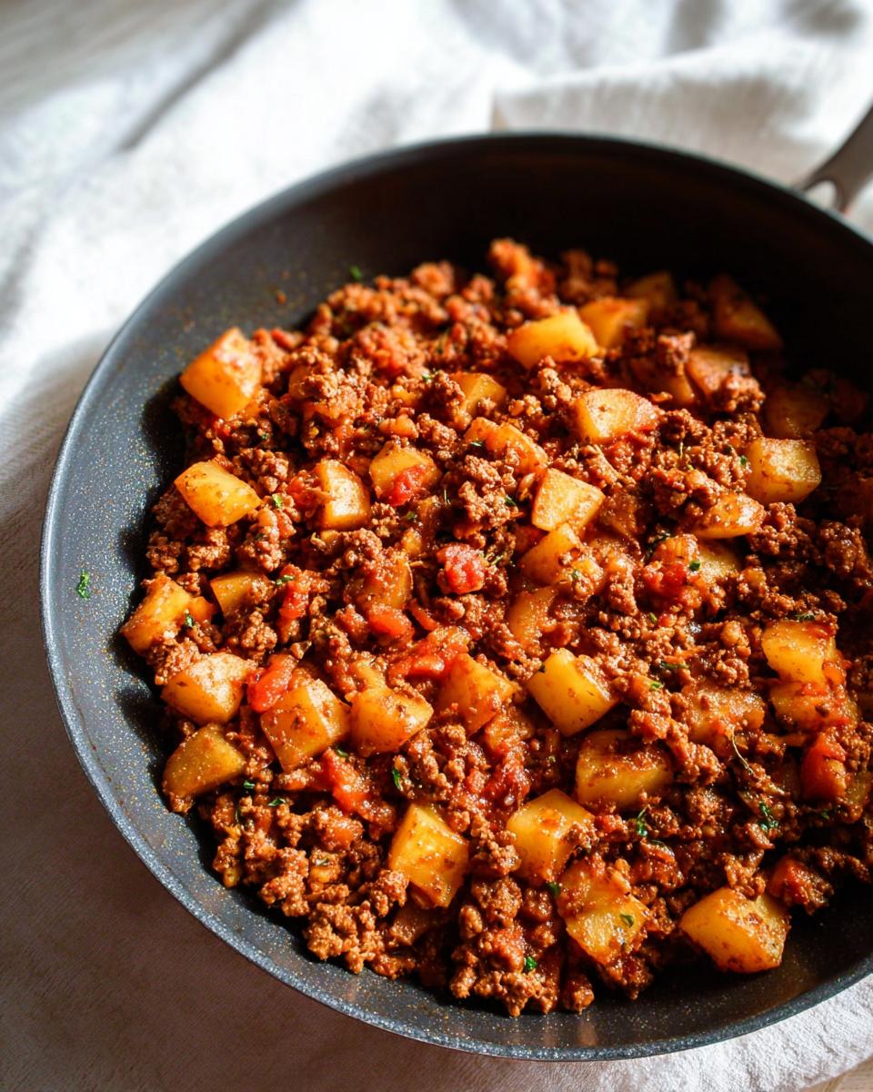 Close-up of Ground Turkey with Potatoes mixture cooking in a dark skillet.