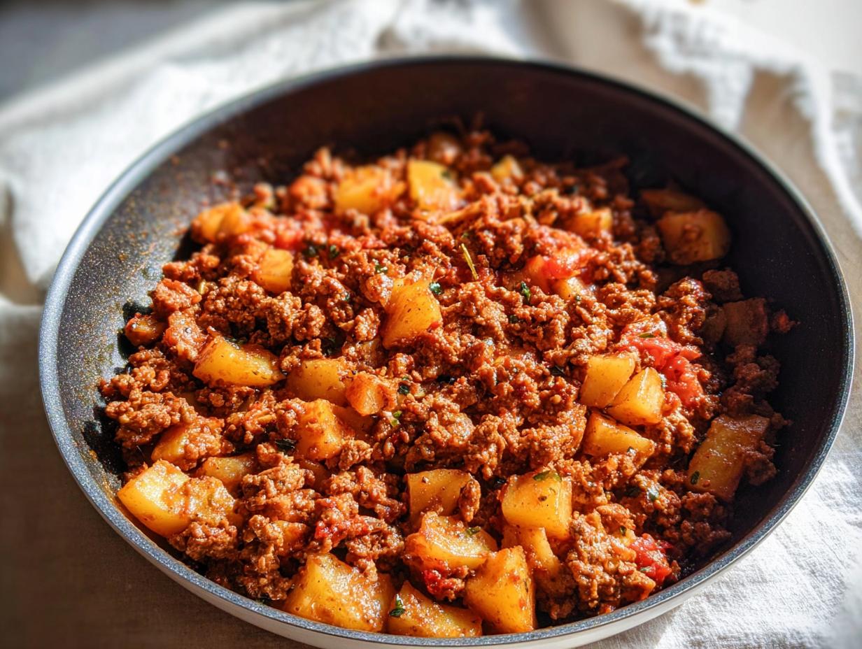Close-up of savory Ground Turkey with Potatoes mixed in a dark skillet, ready to serve.