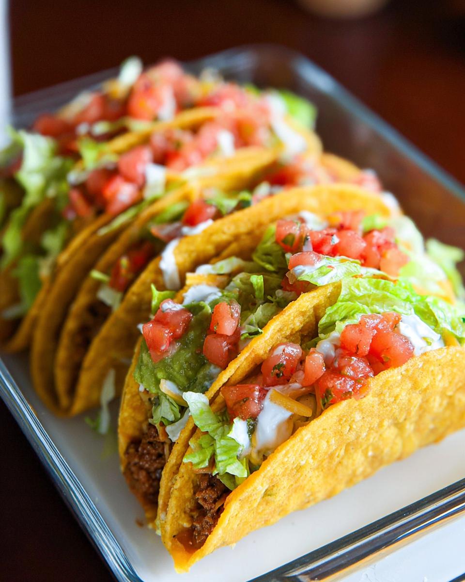 A row of hard shell tacos filled with seasoned meat, lettuce, cheese, salsa, and sour cream, perfect for Unique Easy Taco Recipes.