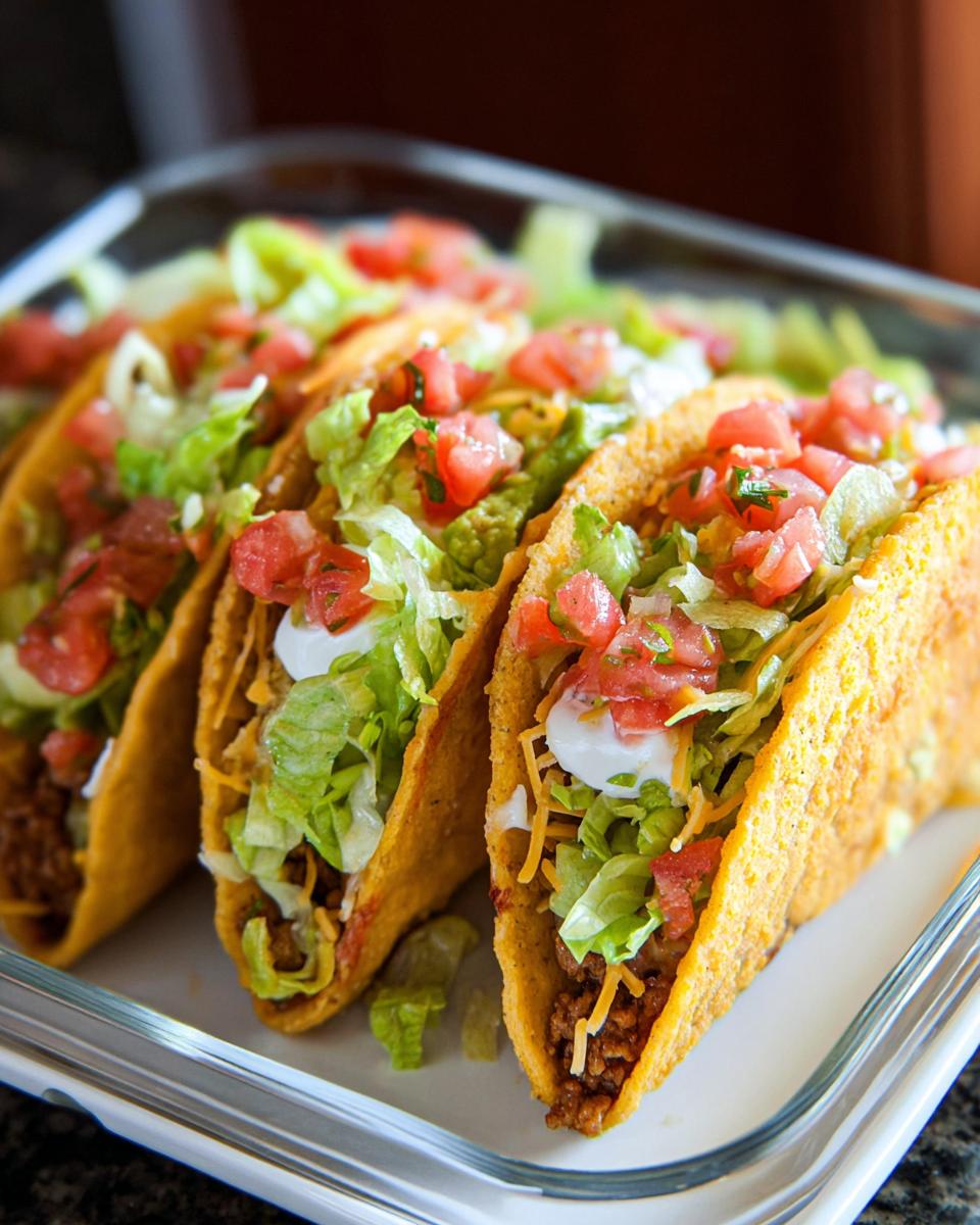 Four crispy, hard-shell tacos filled with ground meat, lettuce, cheese, tomatoes, and sour cream, ready for Unique Easy Taco Recipes.