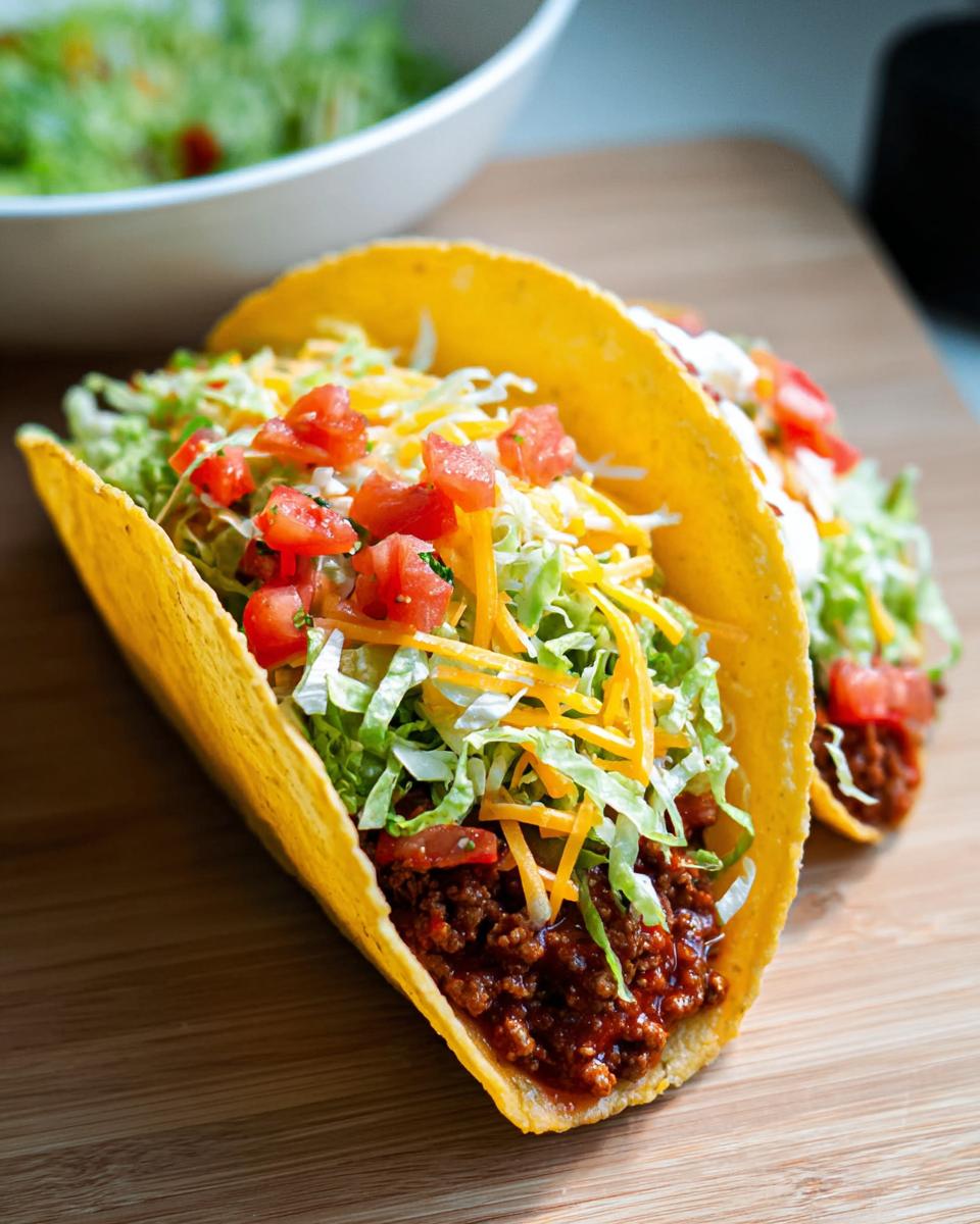 Close-up of two hard shell tacos filled with seasoned ground beef, lettuce, cheese, and tomatoes, perfect for Taco Tuesday Recipes.