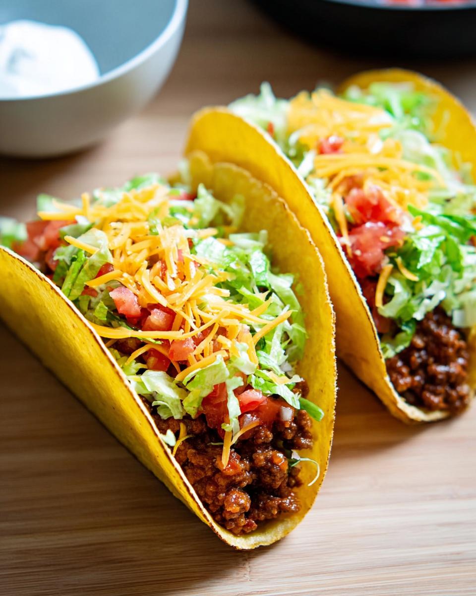 Two hard shell tacos filled with seasoned ground beef, lettuce, tomatoes, and shredded cheese, perfect for Taco Tuesday Recipes.