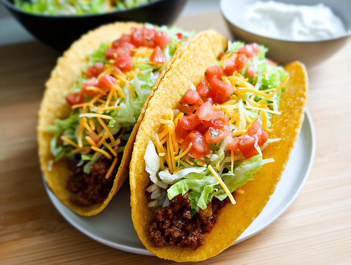 Two classic hard shell tacos filled with seasoned ground beef, lettuce, shredded cheese, and diced tomatoes.