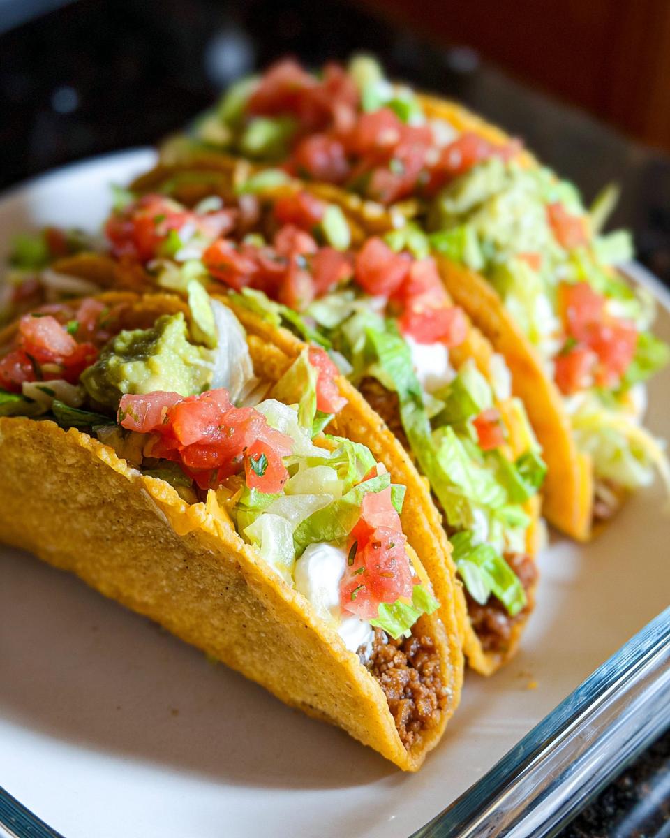 A row of three hard shell tacos filled with ground meat, lettuce, sour cream, guacamole, and pico de gallo, perfect for Unique Easy Taco Recipes.