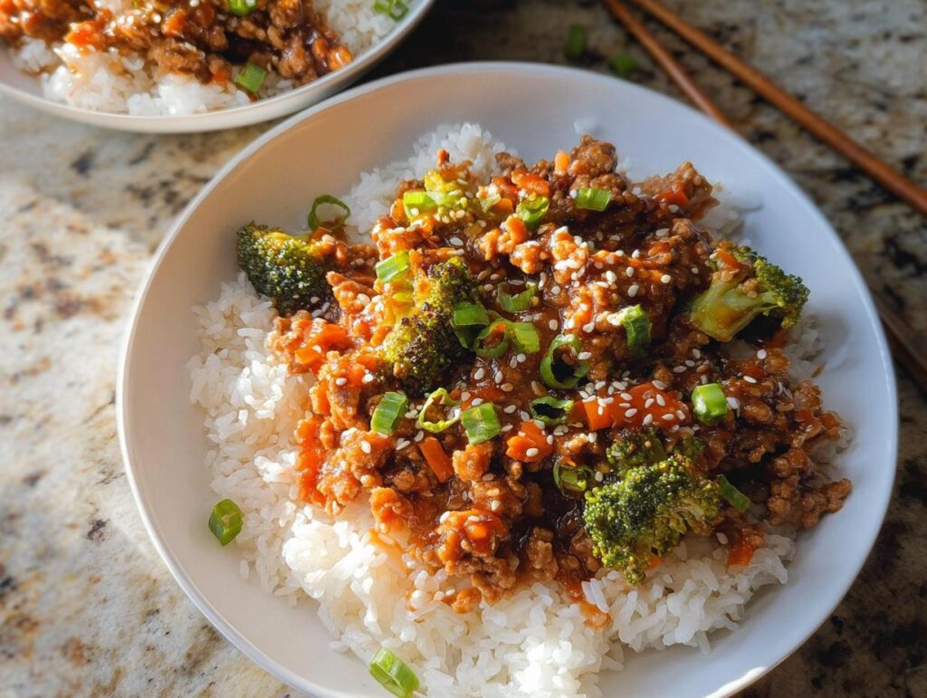 A bowl of Healthy College Lunch Ideas: Ground Turkey Teriyaki Stir-Fry served over white rice, topped with broccoli and sesame seeds.