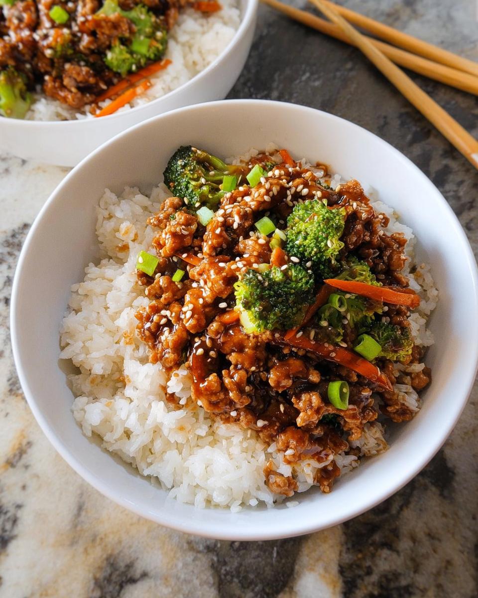 Close-up of a bowl of Healthy College Lunch Ideas: Ground Turkey Teriyaki Stir-Fry served over white rice, topped with sesame seeds.