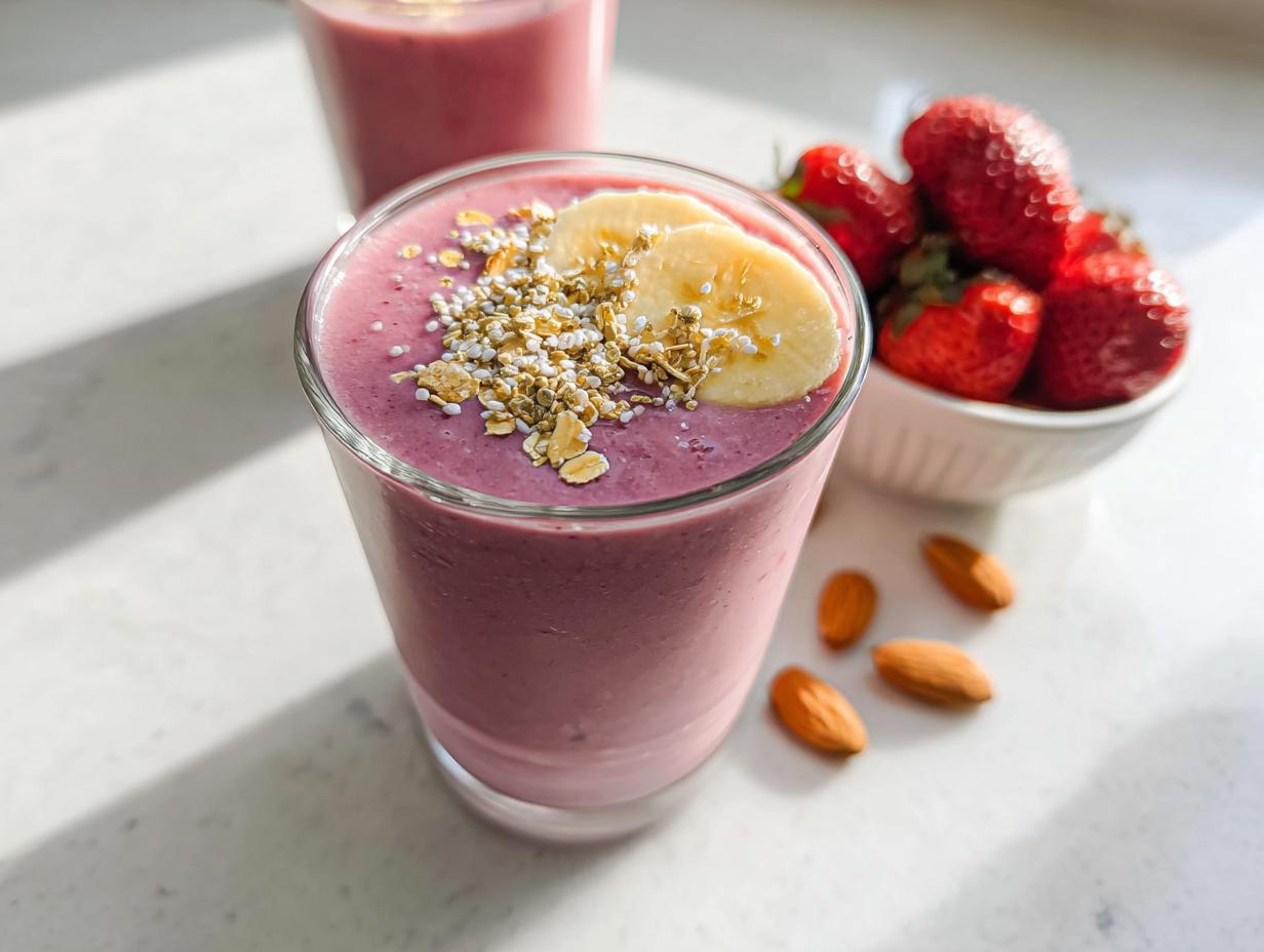 A glass of purple Healthy Fruit Breakfast Smoothie Recipe topped with banana slices and granola.