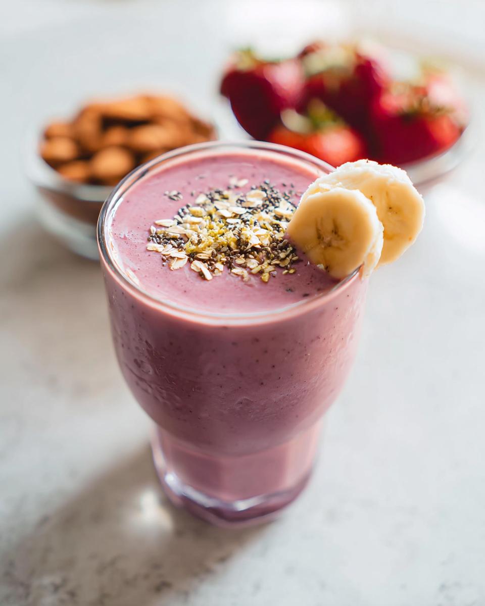A thick, pink Healthy Fruit Breakfast Smoothie Recipe topped with oats, seeds, and banana slices.