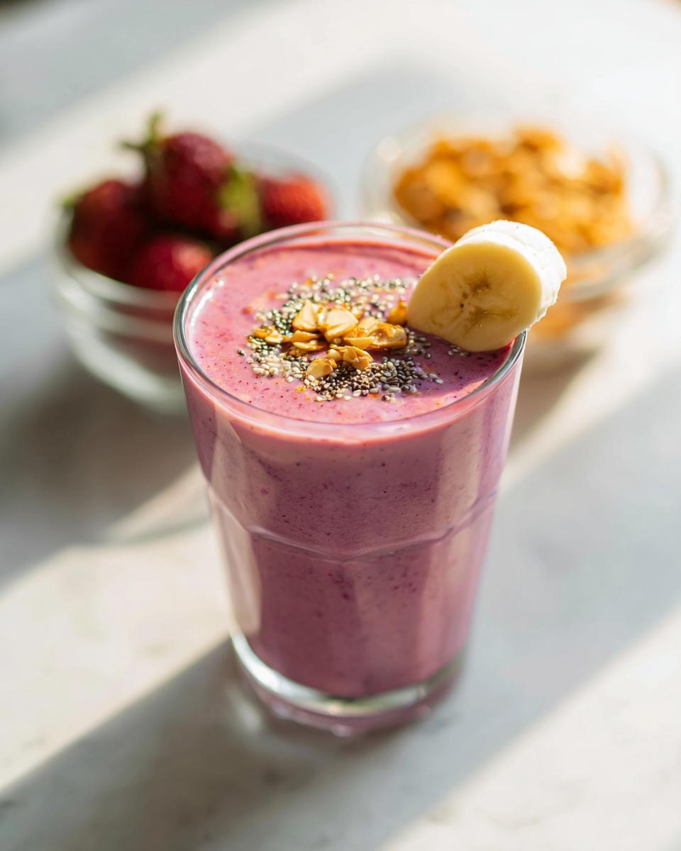 A glass of purple Healthy Fruit Breakfast Smoothie topped with chia seeds, granola, and a banana slice.