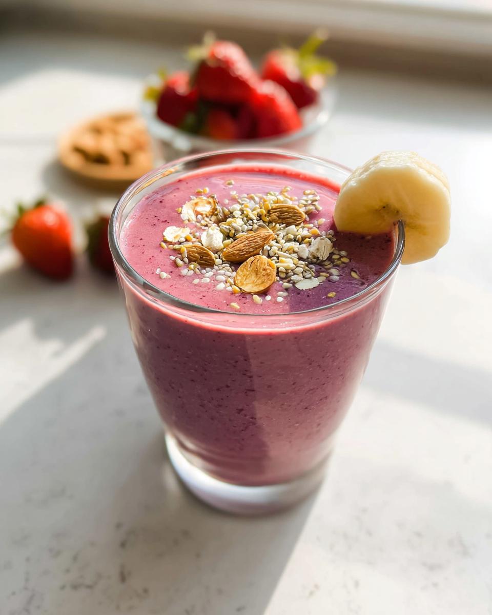 A vibrant purple Healthy Fruit Breakfast Smoothie topped with nuts, seeds, and a banana slice.
