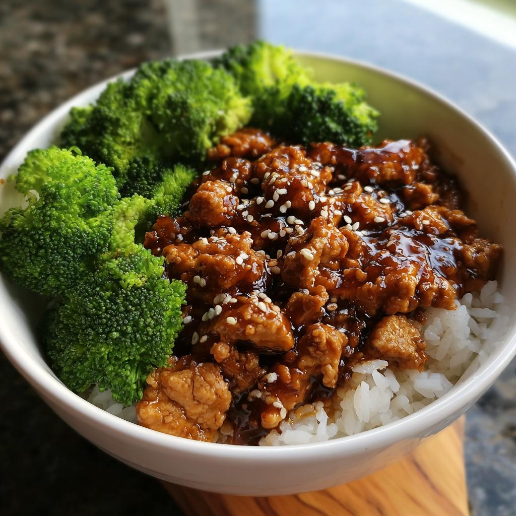 A bowl of Healthy Honey Garlic Ground Turkey Recipes served over white rice with steamed broccoli and sesame seeds.