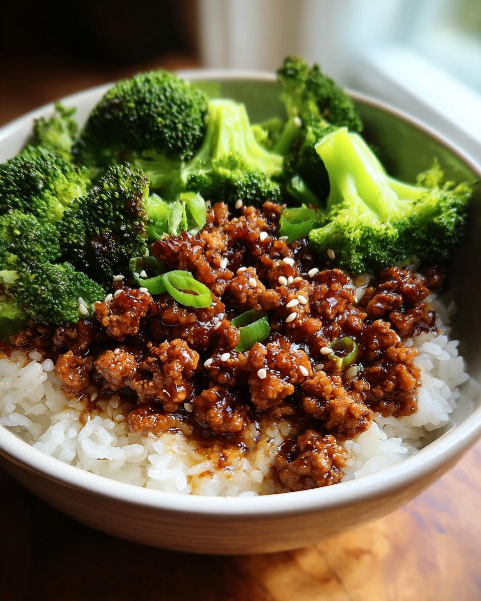 Close-up of a bowl featuring Healthy Honey Garlic Ground Turkey Recipes served over white rice with steamed broccoli.