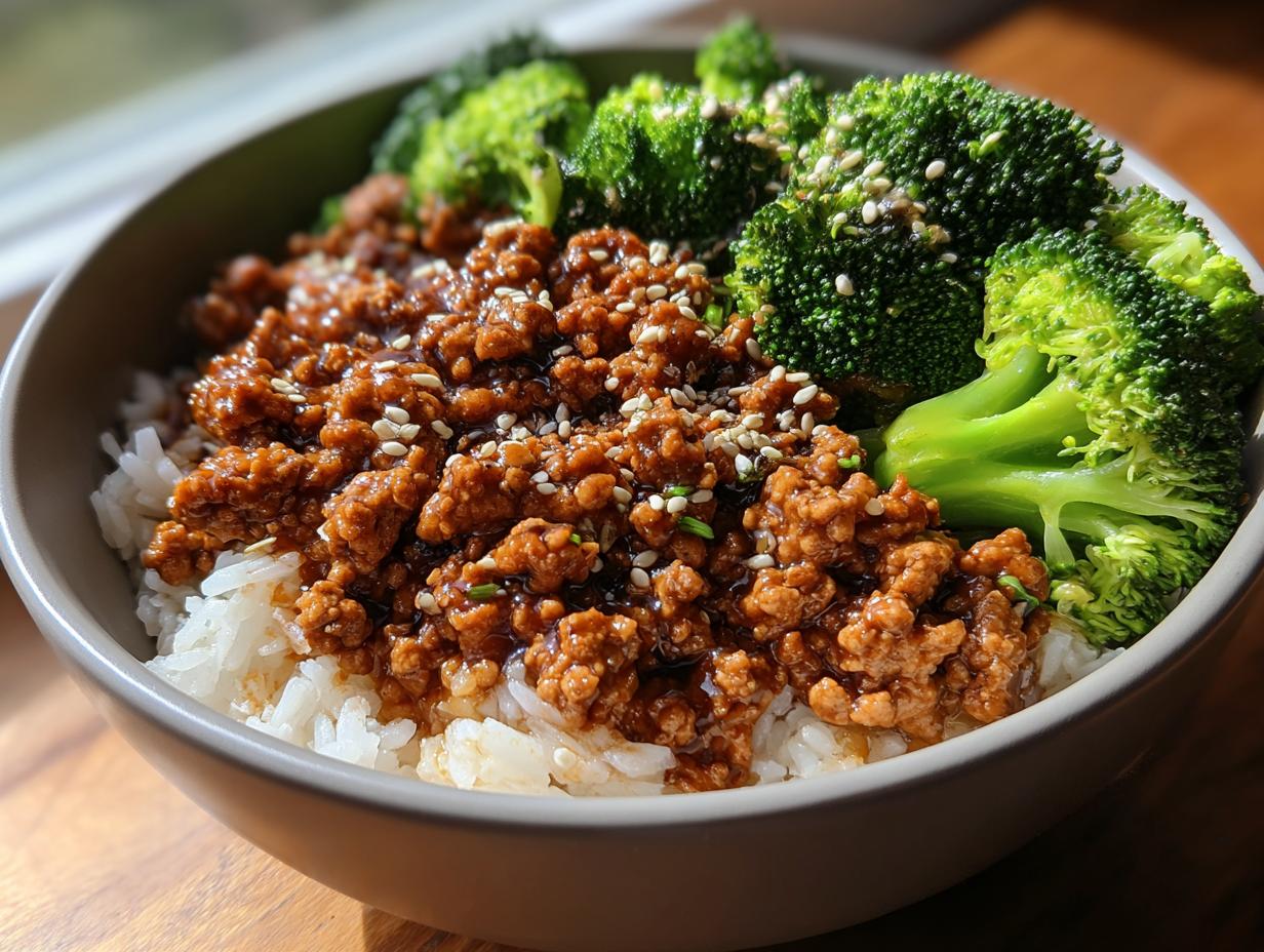 A bowl of Healthy Honey Garlic Ground Turkey Recipes served over white rice with bright green steamed broccoli and sesame seeds.