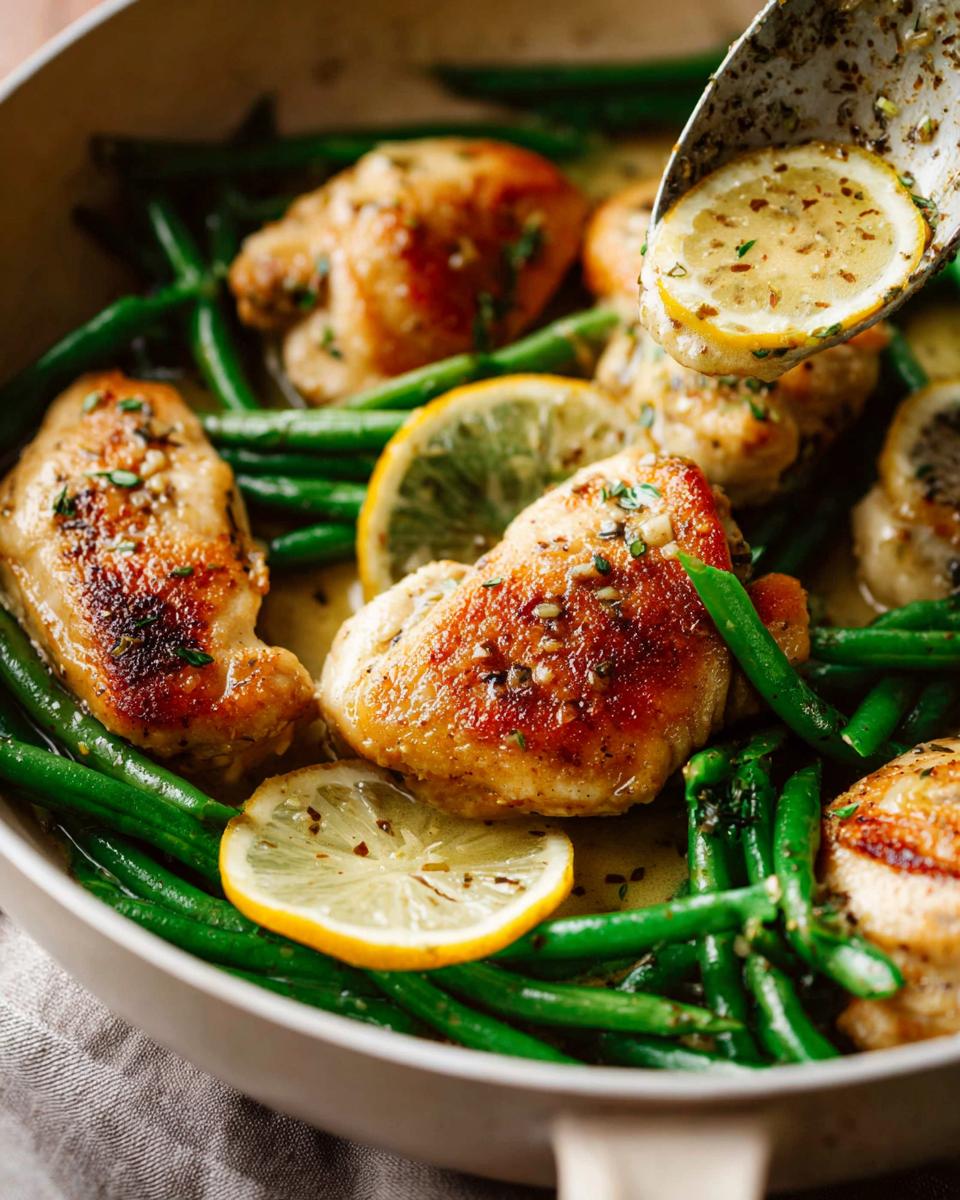 Close-up of seared chicken thighs with green beans, garnished with lemon slices in the Healthy Lemon Garlic Chicken and Vegetable Skillet.