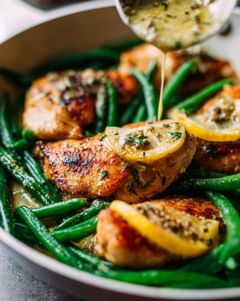 Sauce being poured over seared chicken thighs topped with lemon slices in a skillet with green beans, part of the Healthy Lemon Garlic Chicken and Vegetable Skillet.