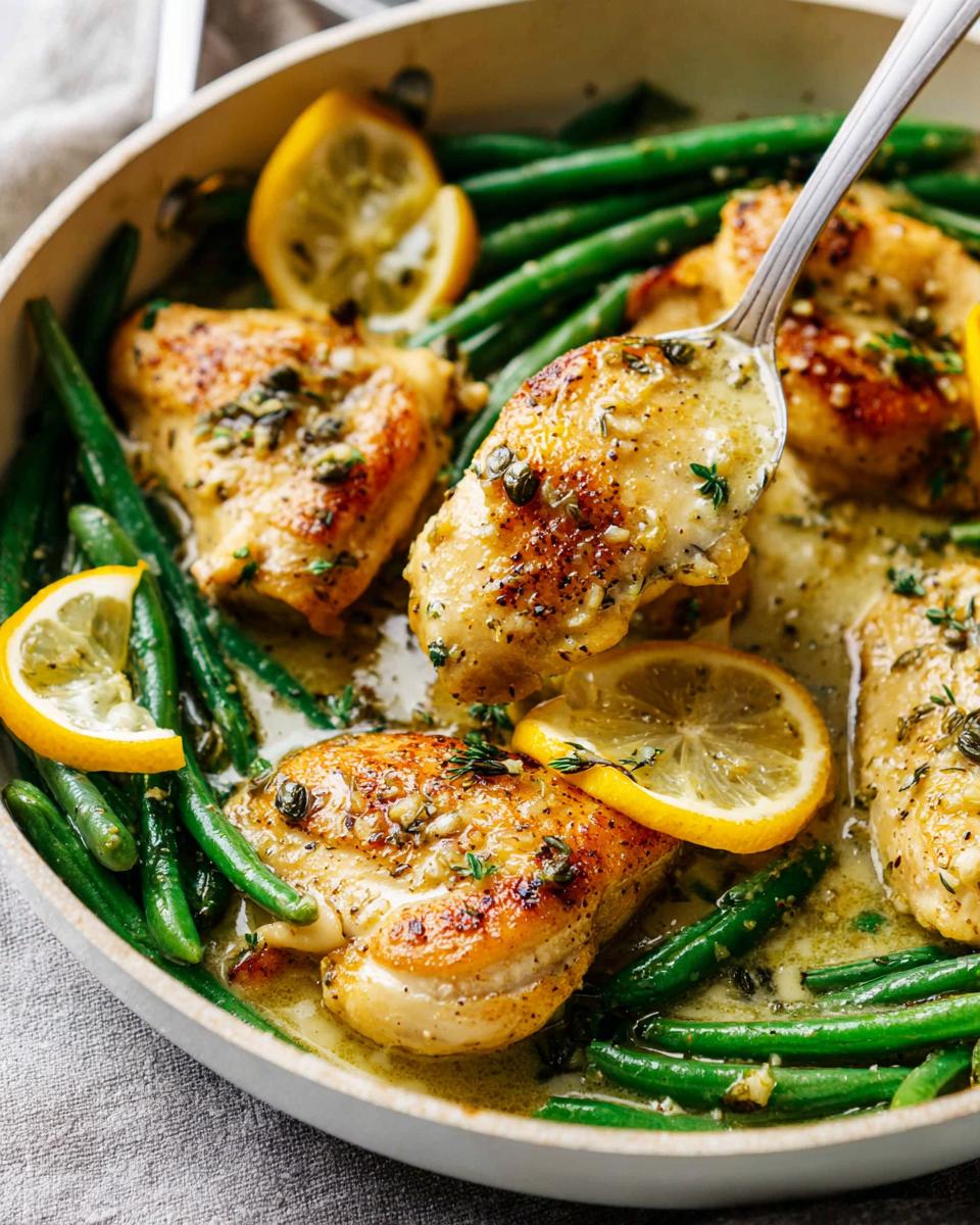 A spoonful of sauce-covered chicken from the Healthy Lemon Garlic Chicken and Vegetable Skillet, surrounded by green beans and lemon slices.