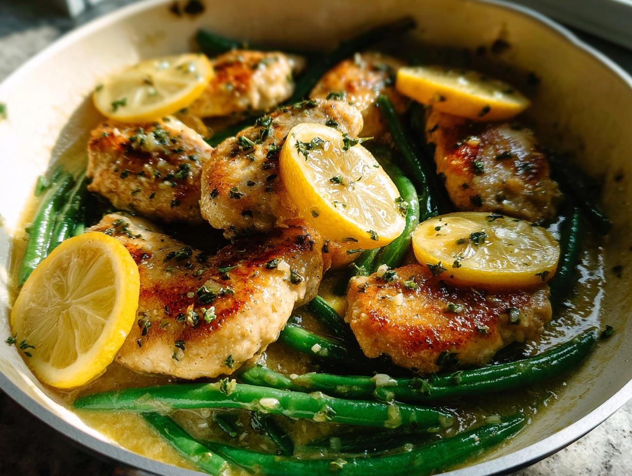 Close-up of pan-seared Healthy Lemon Garlic Chicken and Vegetable Skillet with bright green beans and lemon slices.