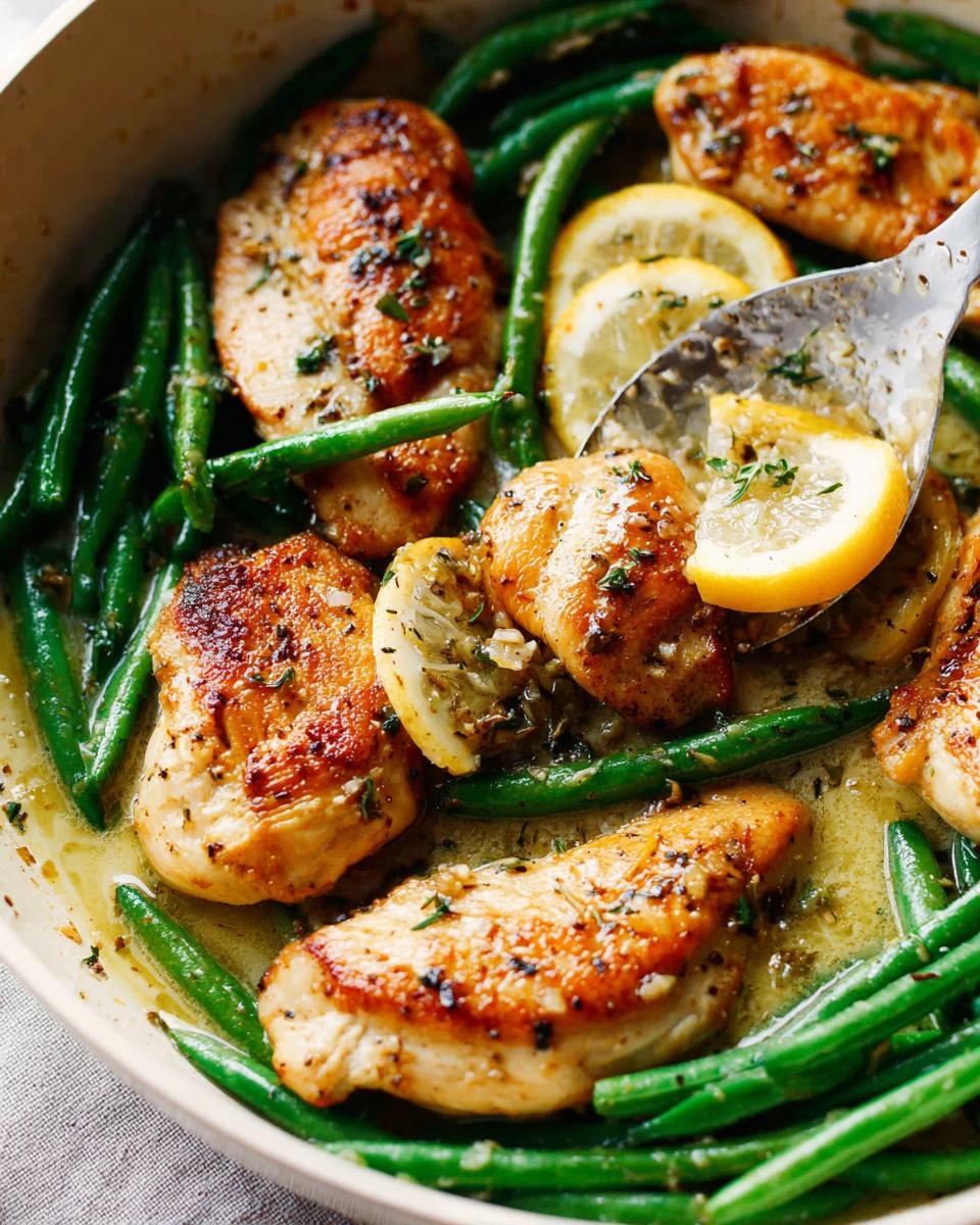 Searing chicken pieces with green beans and lemon slices in a skillet for Healthy Lemon Garlic Chicken and Vegetable Skillet.