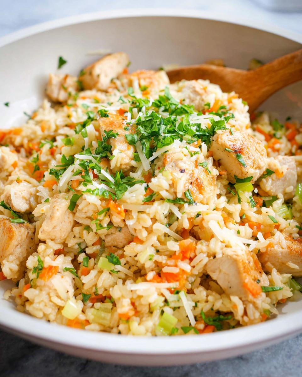 Close-up of a bowl filled with Healthy One Pot Chicken and Brown Rice, topped with parsley and grated cheese.