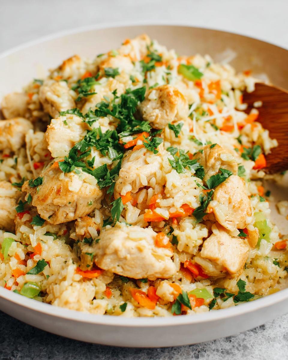 A close-up of Healthy One Pot Chicken and Brown Rice mixed with diced carrots and topped with fresh parsley.