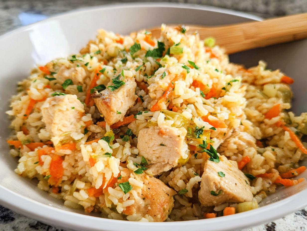 Close-up of a bowl filled with Healthy One Pot Chicken and Brown Rice, mixed with carrots and garnished with parsley.