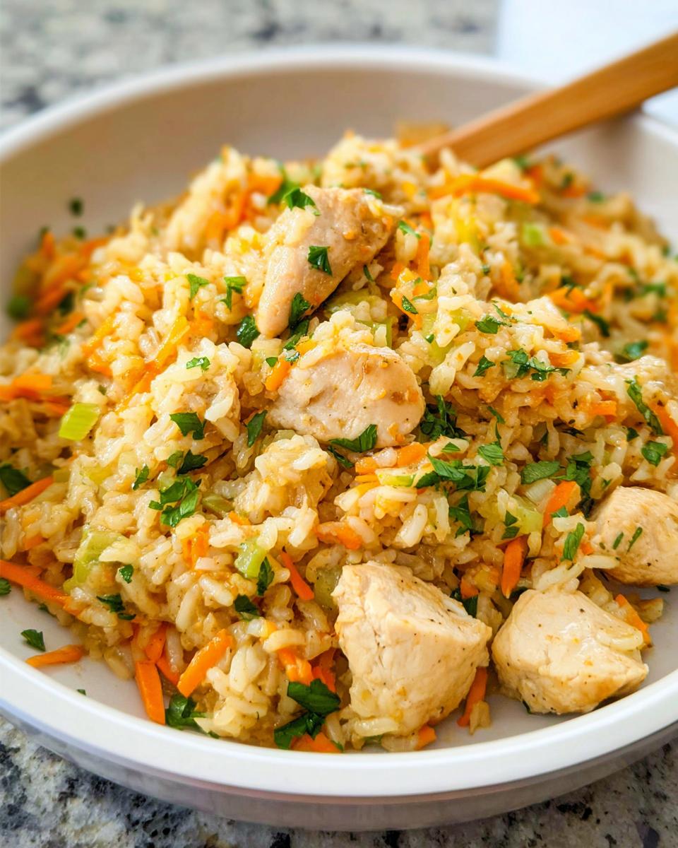 Close-up of a bowl filled with Healthy One Pot Chicken and Brown Rice, mixed with shredded carrots and parsley.
