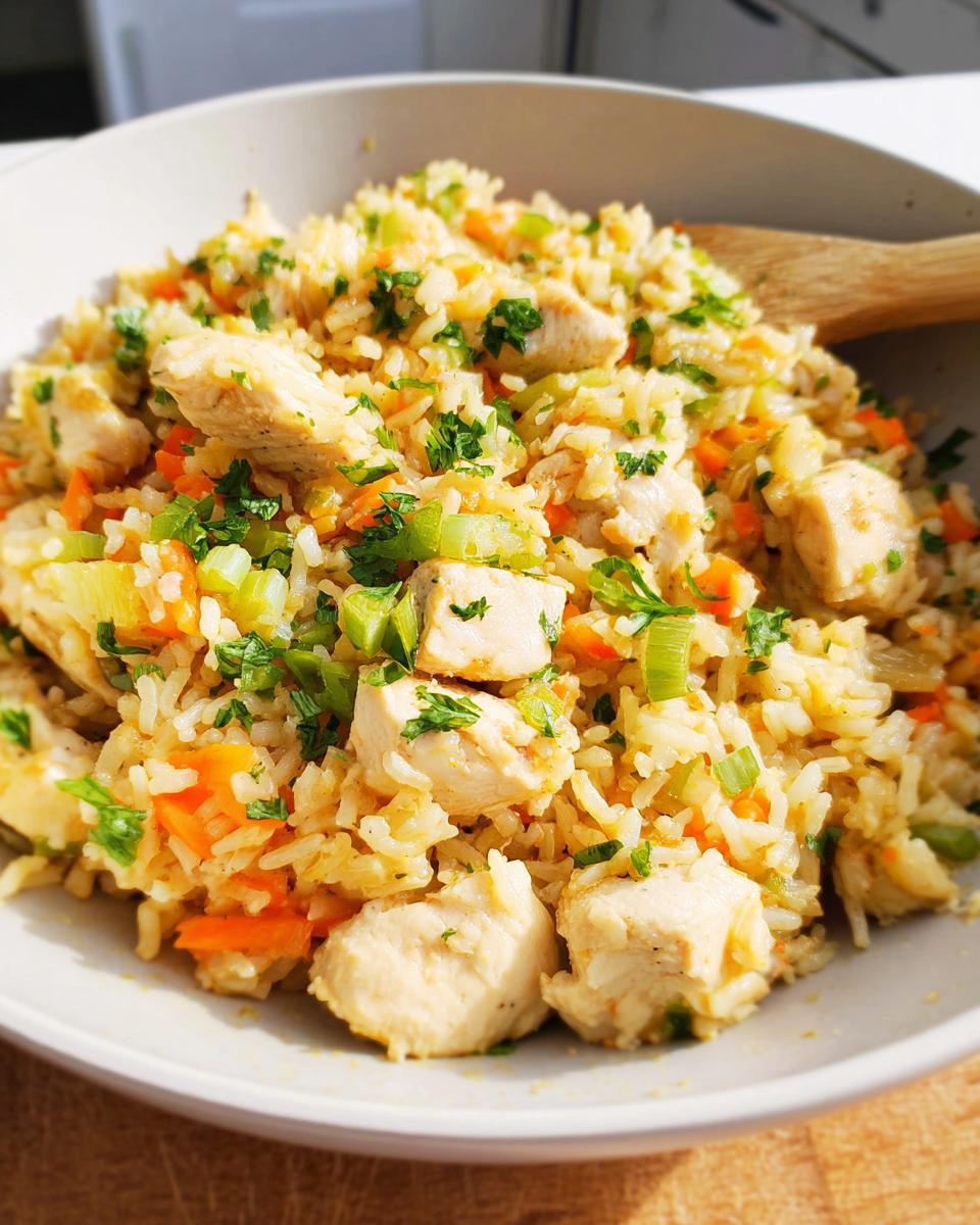 Close-up of a bowl filled with Healthy One Pot Chicken and Brown Rice, garnished with fresh parsley.