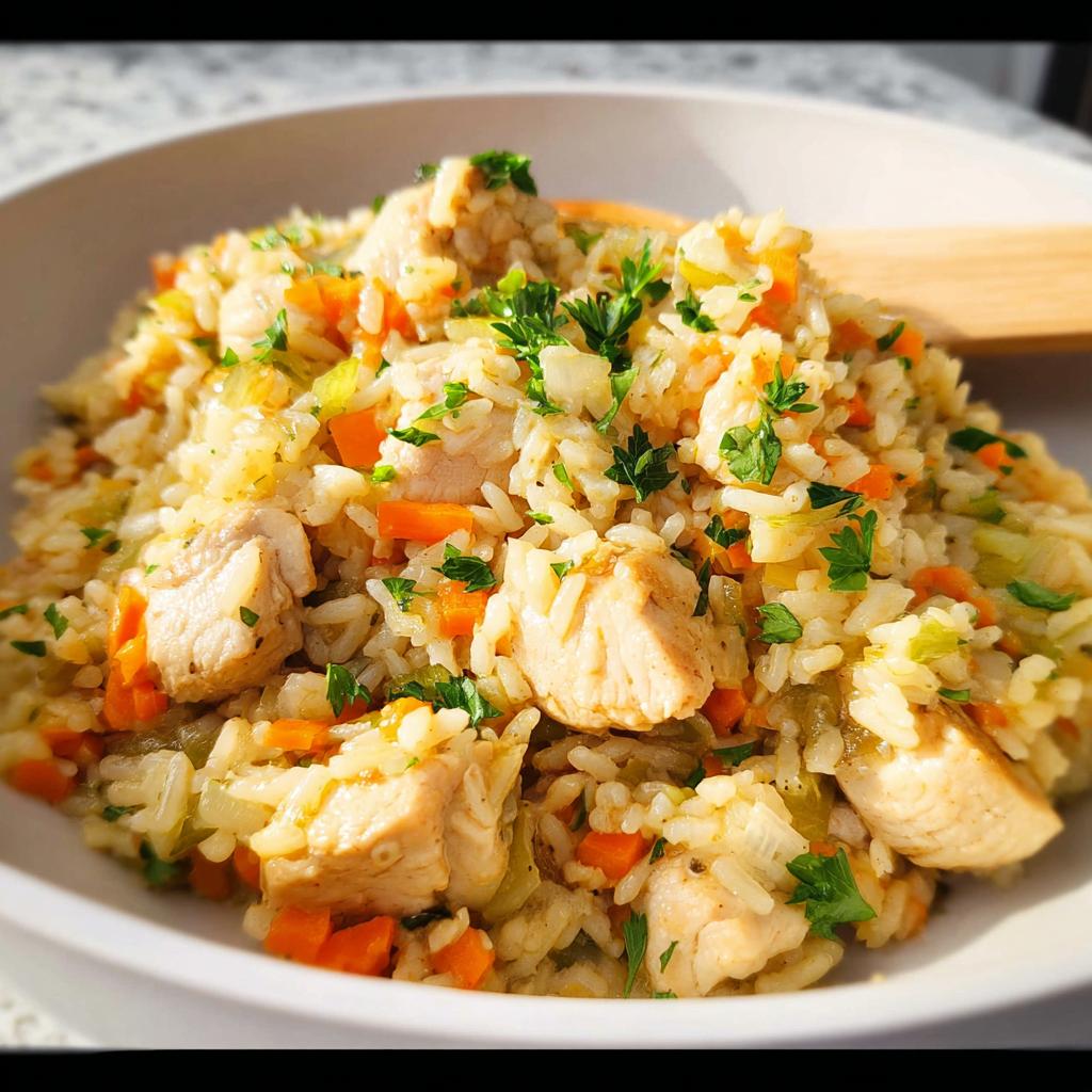 Close-up of a bowl filled with Healthy One Pot Chicken and Brown Rice, garnished with fresh parsley.