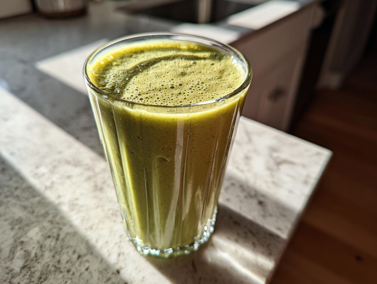 A tall glass filled with a thick, vibrant green healthy smoothie, sitting on a light countertop in sunlight.