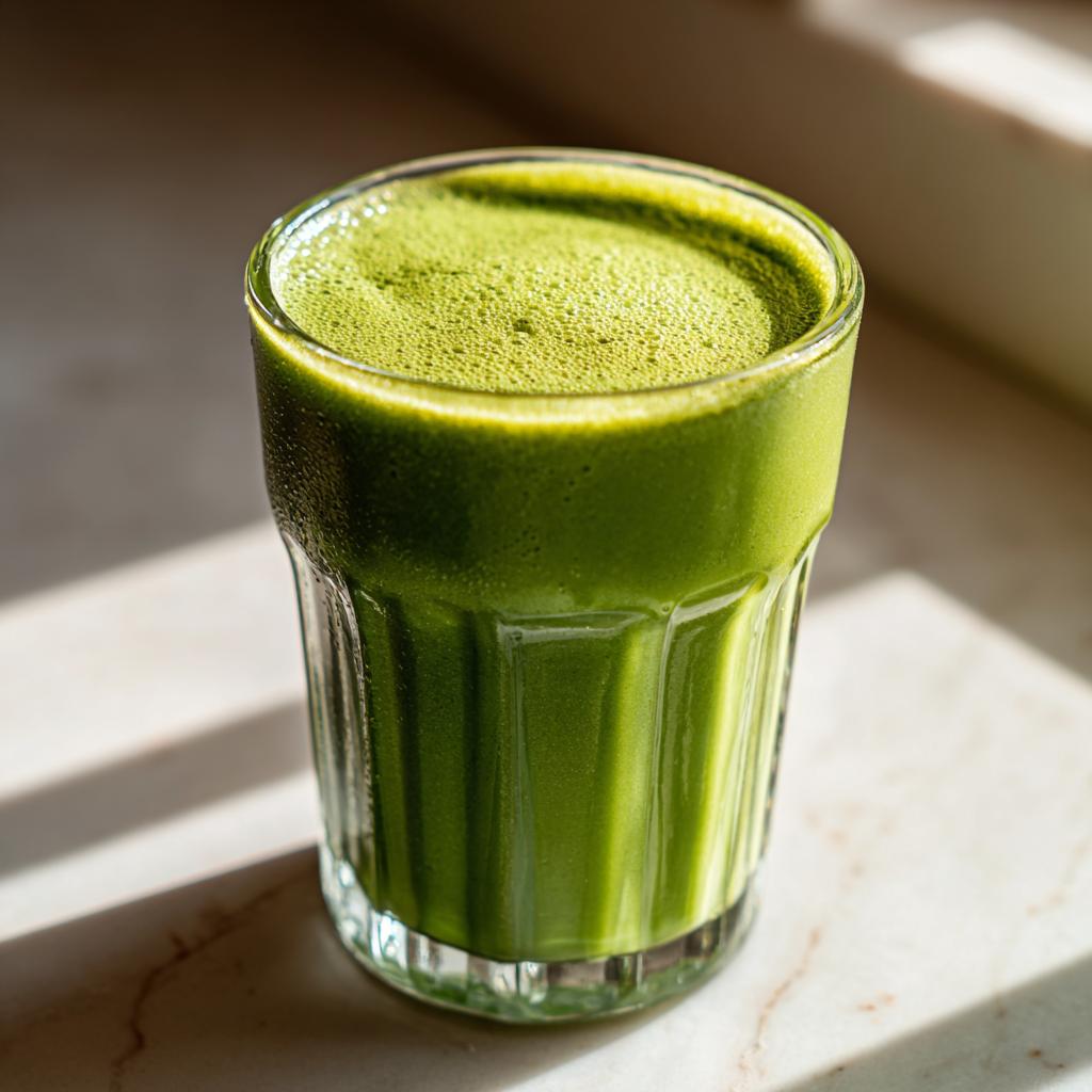A vibrant green, frothy healthy smoothie served in a textured glass, sitting on a marble surface in sunlight.