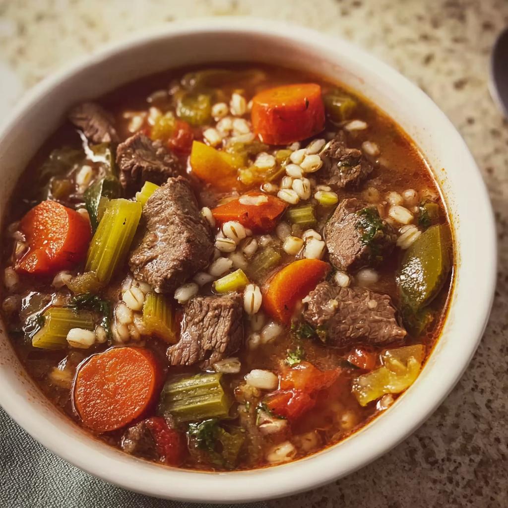 A close-up of a white bowl filled with Hearty Beef and Vegetable Barley Soup, showing chunks of beef, carrots, celery, and barley.