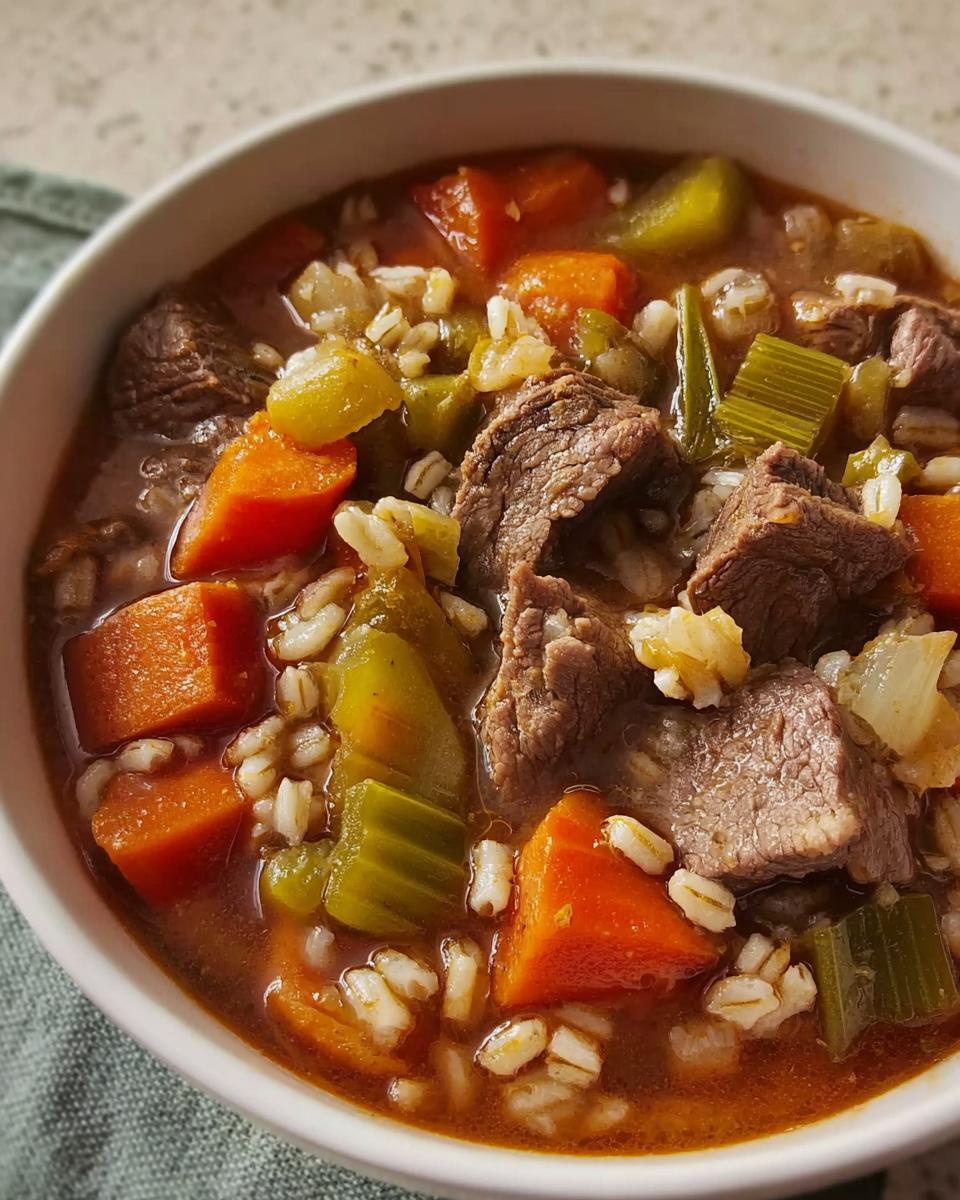 Close-up of a white bowl filled with Hearty Beef and Vegetable Barley Soup, showing chunks of beef, carrots, celery, and barley.