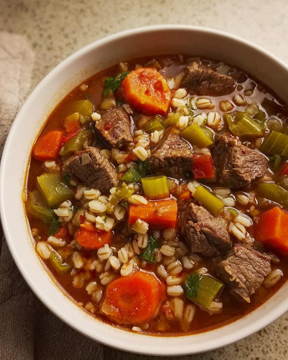 Close-up of a bowl filled with Hearty Beef and Vegetable Barley Soup, showing chunks of beef, carrots, celery, and barley.