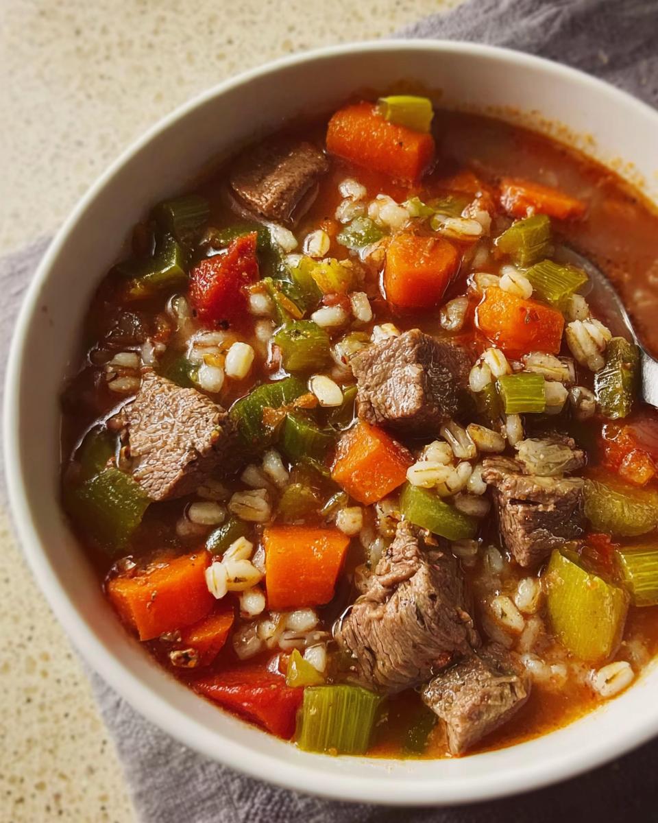 A close-up view of a bowl filled with Hearty Beef and Vegetable Barley Soup, showing chunks of beef, carrots, celery, and barley.