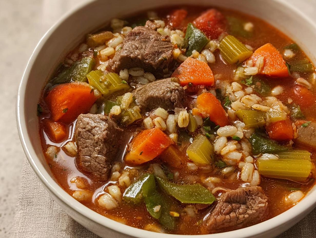 Close-up of a bowl filled with Hearty Beef and Vegetable Barley Soup, showing chunks of beef, carrots, celery, and barley.