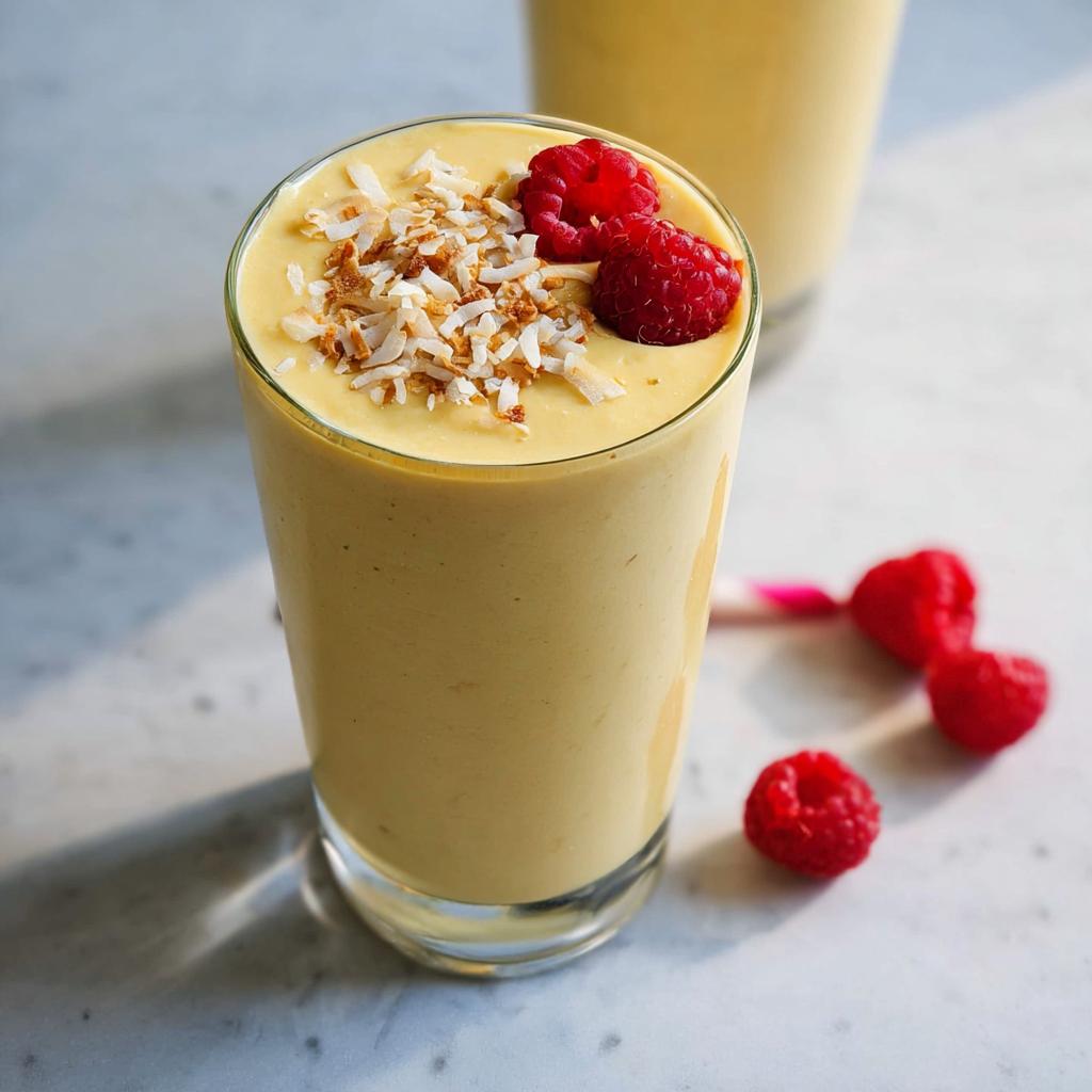 A tall glass of thick, yellow High-Protein Fruit Smoothies topped with toasted coconut flakes and fresh raspberries.