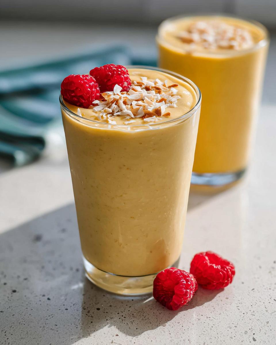 A thick, yellow High-Protein Fruit Smoothies topped with raspberries and toasted coconut flakes.
