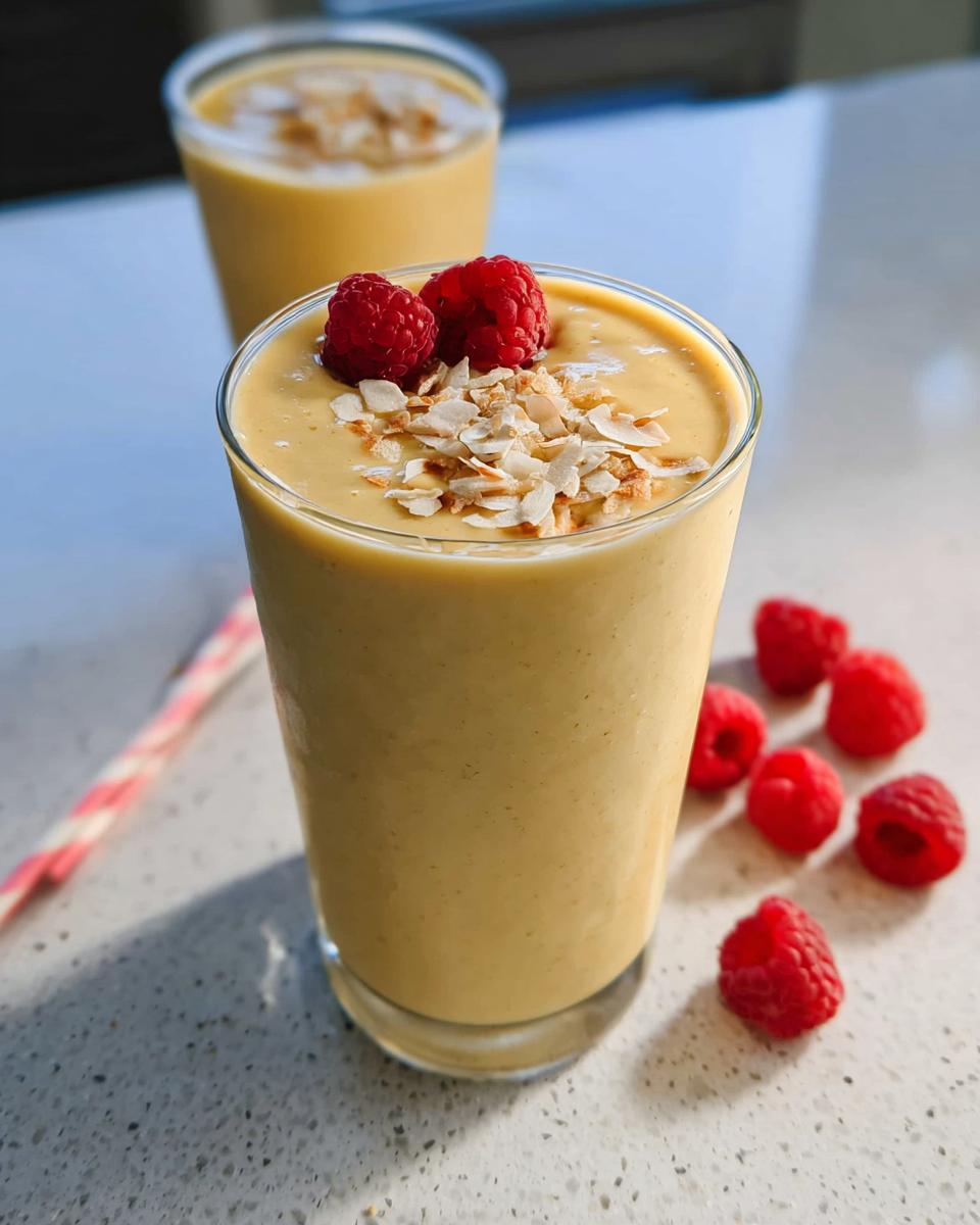 A thick, yellow High-Protein Fruit Smoothies topped with toasted coconut flakes and fresh raspberries.
