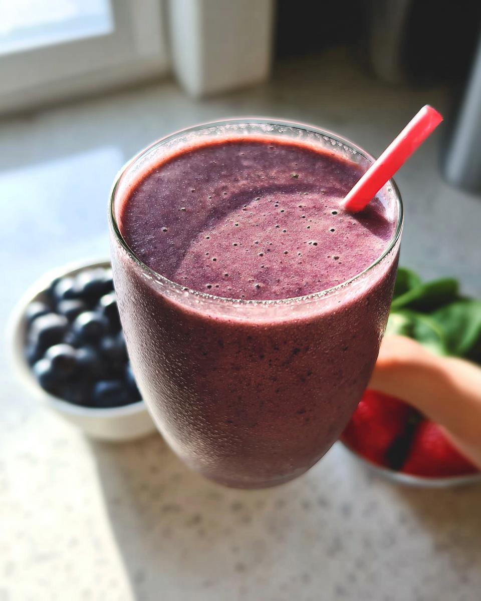 Overhead view of a thick, purple, high-protein smoothie in a glass with a red straw, next to a bowl of blueberries.