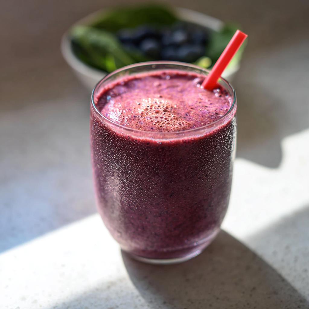 Close-up of a cold, dark purple, high-protein smoothie with a red straw, sitting in sunlight.