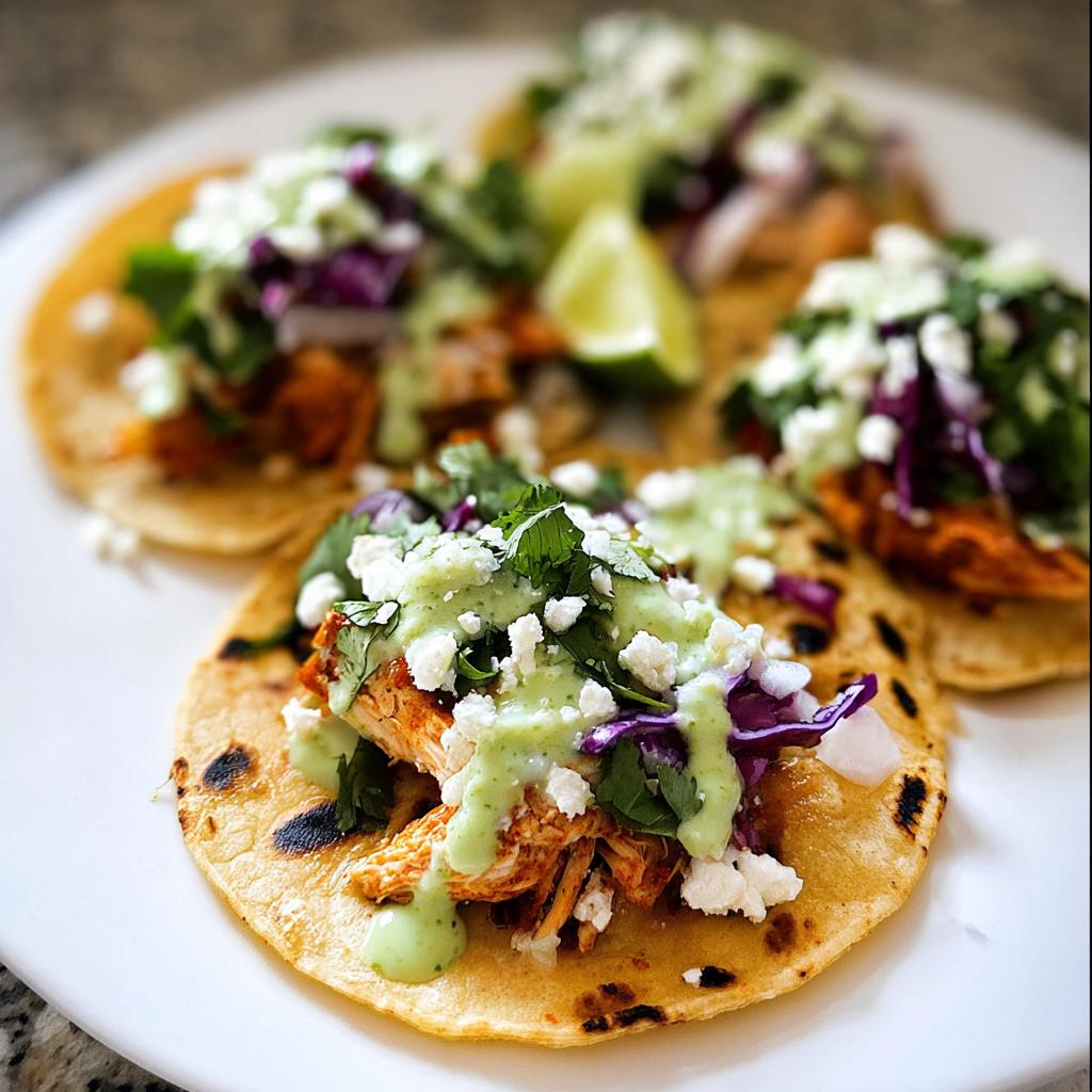 Close-up of delicious Homemade Chicken Street Tacos topped with cotija cheese, cilantro, red cabbage, and a creamy green sauce.