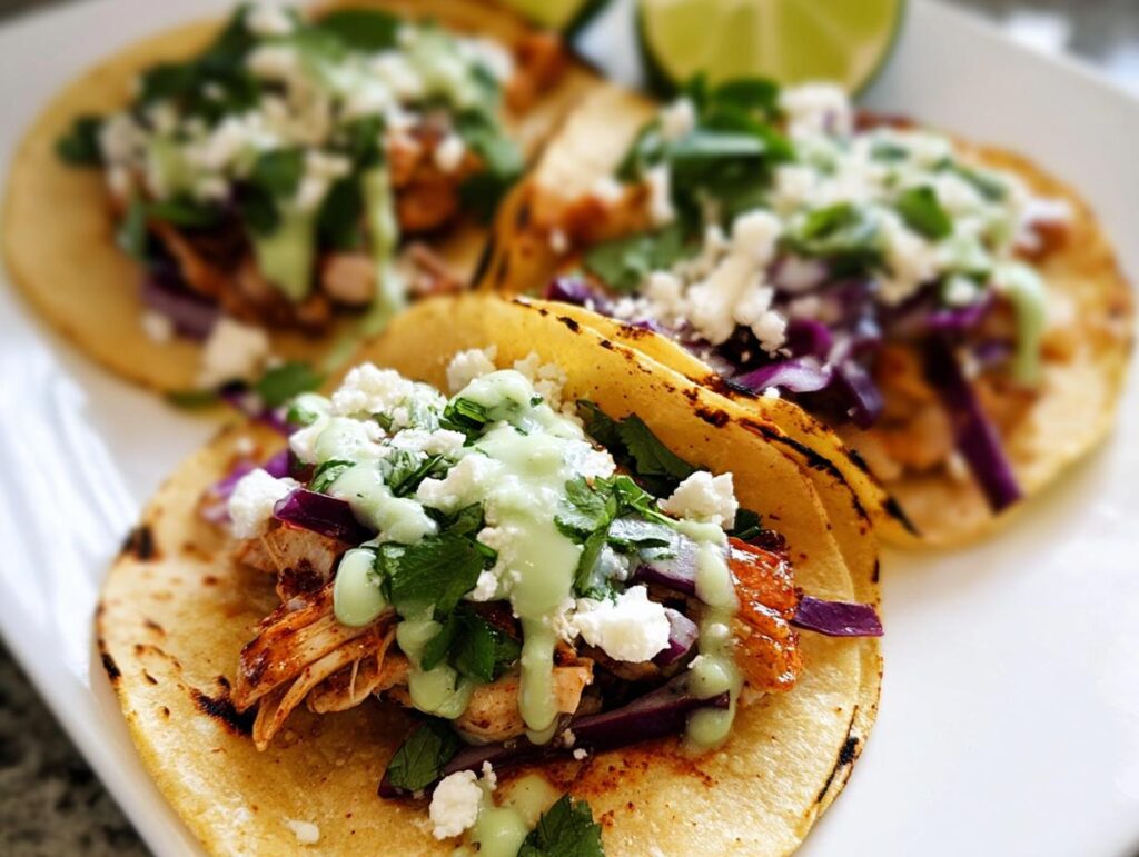 Close-up of three Homemade Chicken Street Tacos topped with cotija cheese, cilantro, and a creamy green sauce.