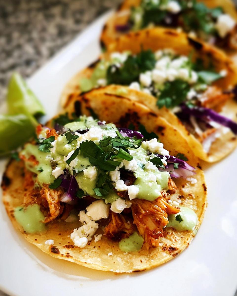 Close-up of one of the Homemade Chicken Street Tacos topped with green sauce, cotija cheese, and cilantro.