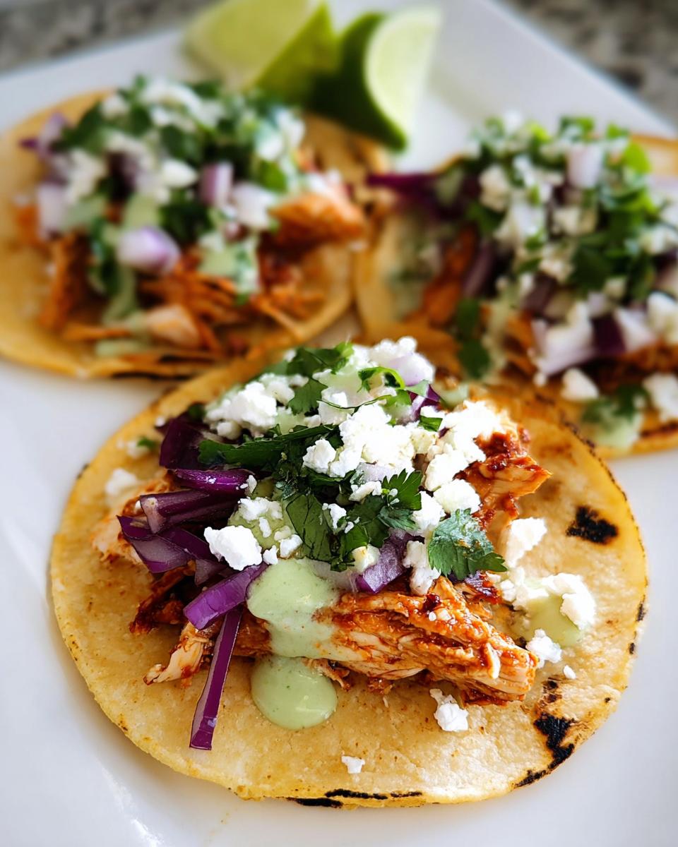 Close-up of a plate featuring three Homemade Chicken Street Tacos topped with cotija cheese, red onion, and green sauce.