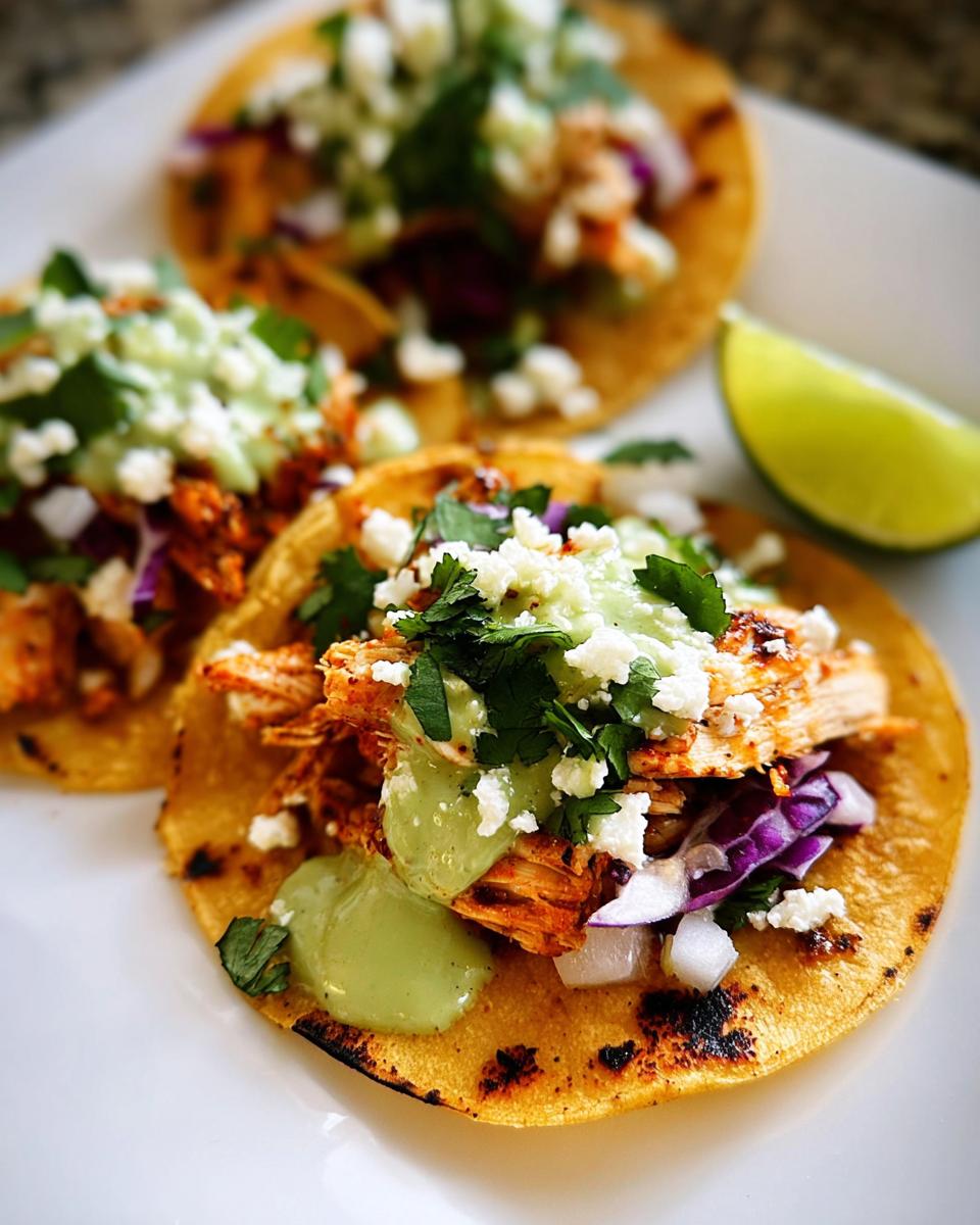 Three Homemade Chicken Street Tacos topped with cotija cheese, cilantro, green sauce, and red cabbage, served with a lime wedge.