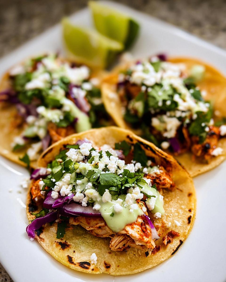 Close-up of three Homemade Chicken Street Tacos topped with cotija cheese, cilantro, red onion, and green sauce.