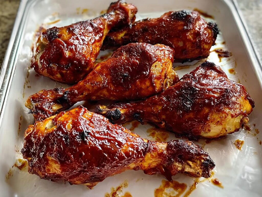 Five glistening Honey BBQ Baked Chicken Legs coated in a thick, dark sauce resting in a white baking dish.