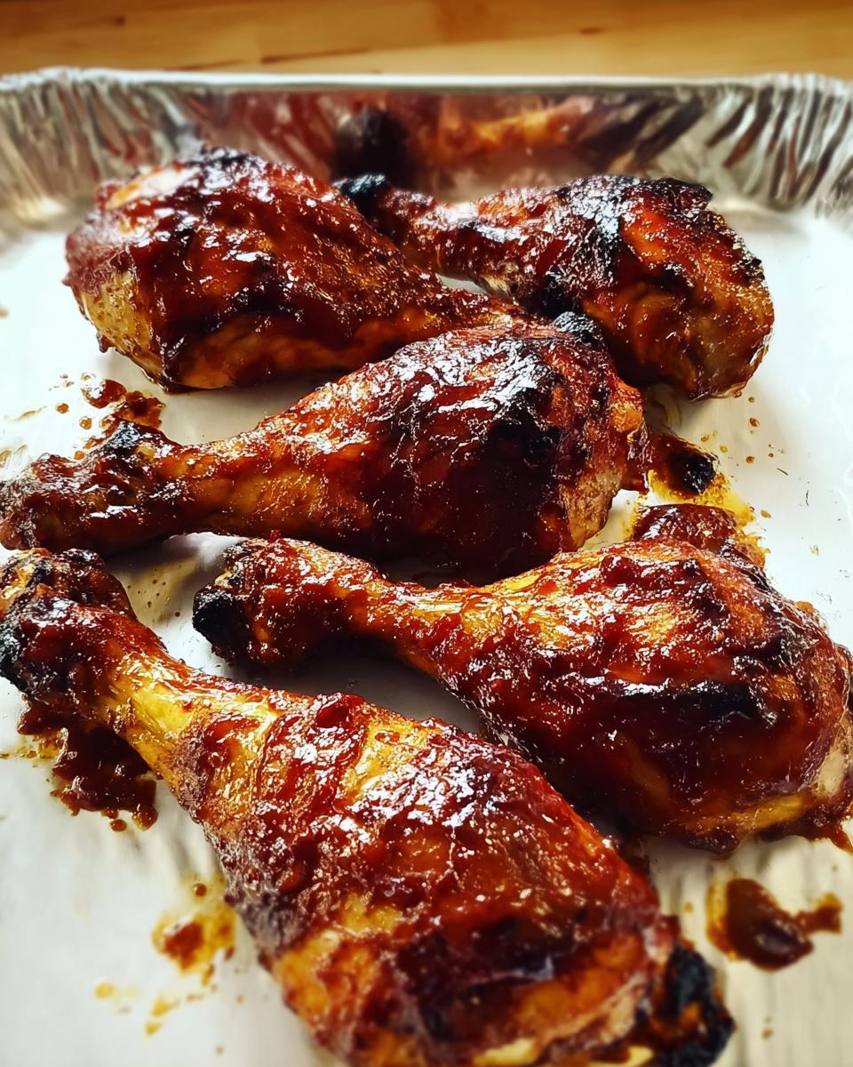 Close-up of five glistening Honey BBQ Baked Chicken Legs coated in sticky sauce resting in a foil pan.